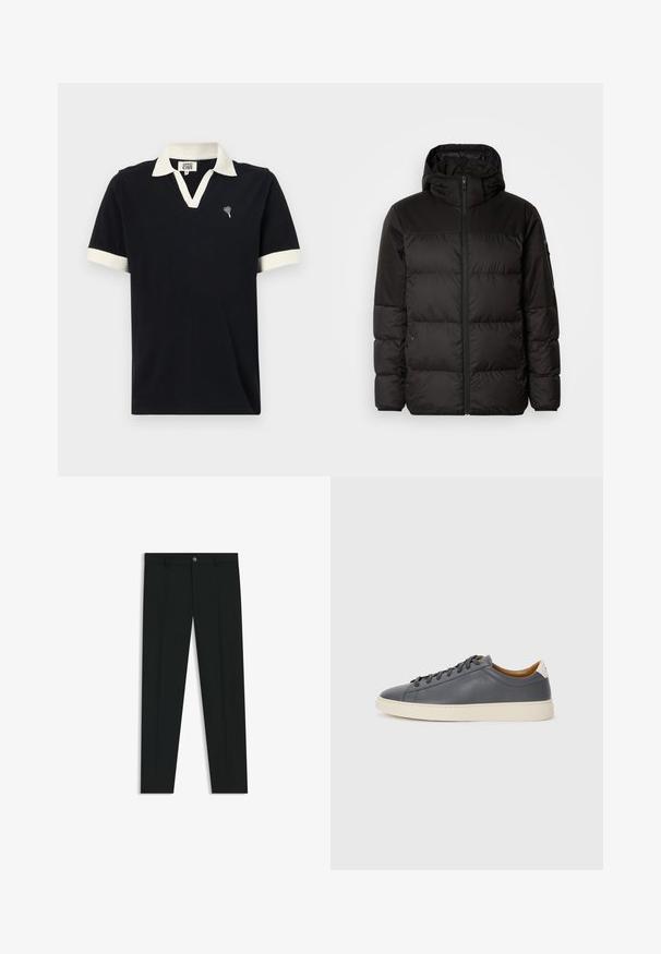 Musta puhvijakku sisältää vetoketjun, hupun, tilkuista koostuvia osioita ja joustavat hihansuut. Se on valmistettu sileästä, vedenpitävästä materiaalista.; Mustapaita, puuvillasekoitetta, baseball-kaulus kermanvärisillä korostuksilla, lyhyet hihat, V-kaula-aukko, pieni sydänlogo brodeerattuna rinnassa.; Musta housut, joissa on suora lahje, valmistettu sileästä kankaasta. Edessä nappisulku ja vyölenkit. Yksinkertainen ilman kuvioita.; Harmaa nahkakengät, joissa on pyöreä kärki, kumipohja, litteät nauhat ja vaaleat yksityiskohdat kannassa. Sileä pinta ja minimalistinen muotoilu.