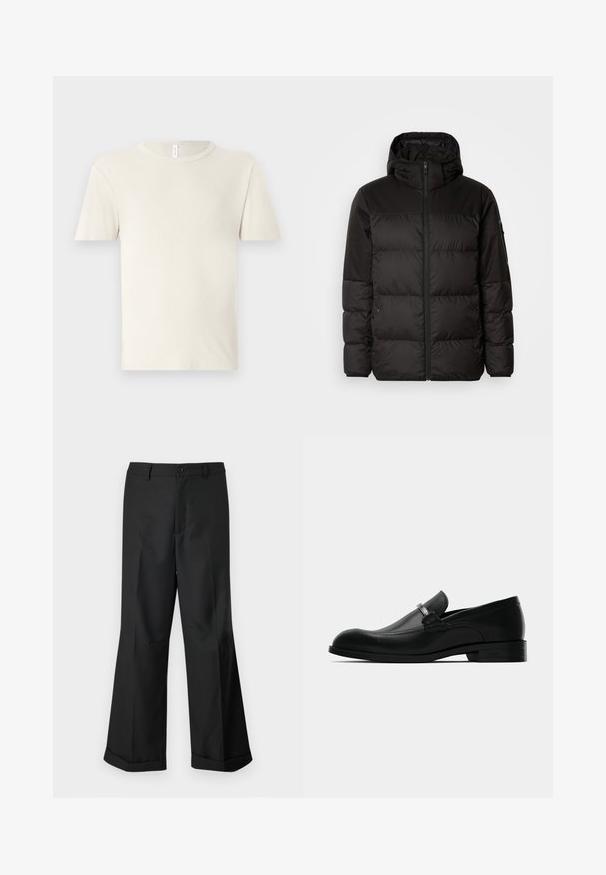 Sort pufferjakke med lynlås, hætte, quiltede sektioner og elastiske manchetter, lavet af et glat, vandafvisende materiale.; Lys beige kortærmet T-shirt lavet af blødt stof. Har en rund halsudskæring og et simpelt, sømløst design uden synlige mønstre eller detaljer.; Sorte vide benbukser med knappet talje og opslåede ben, præsenteret mod en ensfarvet hvid baggrund.; Sorte læder herresko med metal spænde detalje, lav hæl og mærket sål, vist fra siden på en hvid baggrund.