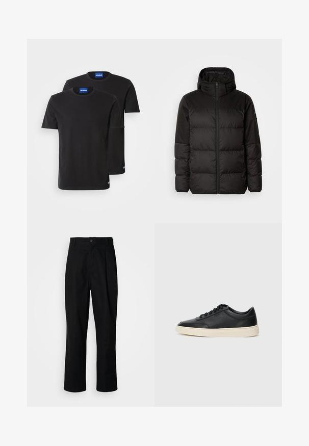 Melna pūkainā jakā iezīmes ir rāvējslēdzēja aizdare, kapuce, kvadrātveida šuves un elastīgas aproces, izgatavota no gludas, ūdensizturīgas vielas.; Divas melnas kokvilnas T-kreklus ar apaļiem kakla izgriezumiem, īsām piedurknēm un ziliem "HUGO" uzrakstiem uz apkaklēm un sānu malām.; Melni taisni bikses ar pogu, jostu cilpiņām un priekšējo krokām, izliktas uz vienkārša balta fona.; Melnas zemas ādas sporta kurpes ar melnām auklām un off-white zoli, rādītas no sānu profila uz baltā fona.