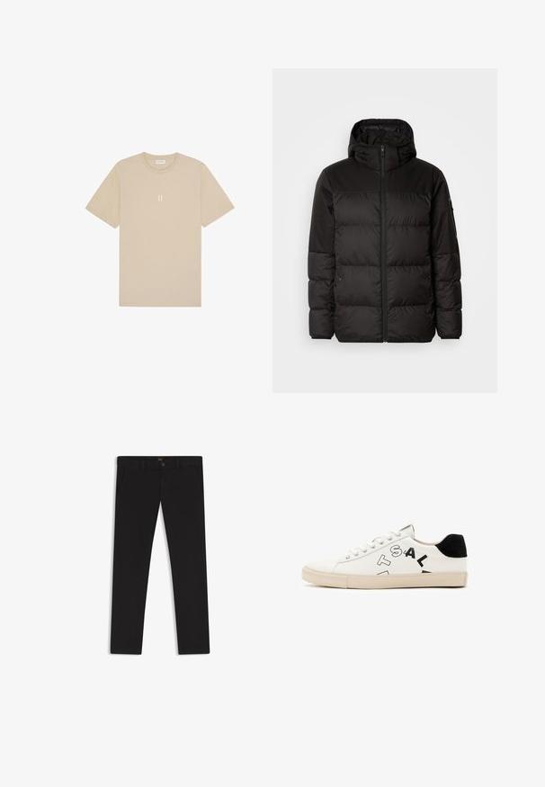 Svart puffjacka med blixtlås, huva, quiltade sektioner och elastiska mudd, tillverkad av ett slätt, vattentåligt material.; Beige bomull t-shirt med korta ärmar och rundad krage. Har en liten, centrerad grafik "II" i en ljusare nyans.; Svarta byxor gjorda av tyg med en slät textur. Har en knäppning med knapp, bälteshällor och sidofickor. Standard rakt ben-design.; Vita lädersneakers med svarta detaljer vid hälen, med kraftig svart text på sidan och en gummisul. Minimalistisk design.