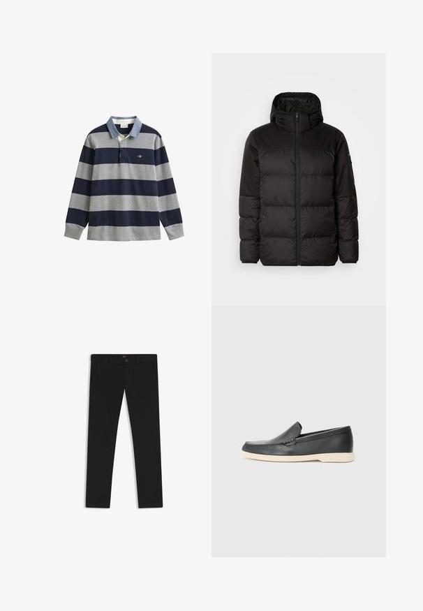 Zwarte pufferjas met ritsluiting, een capuchon, gequiltte secties en elastische manchetten, gemaakt van een glad, waterafstotend materiaal.; Polo met lange mouwen met marineblauwe en grijze strepen, een lichtblauwe kraag en een logo op de borst. Gemaakt van katoenen stof met een zachte textuur.; Zwarte broek van stof met een gladde textuur. Bevat een knoopsluiting, riemlussen en zijzakken. Standaard straight-leg ontwerp.; Zwarte leren instappers met een gestructureerde afwerking en een contrasterende beige rubberen zool. Beschikt over een subtiele accent langs de voorkant.