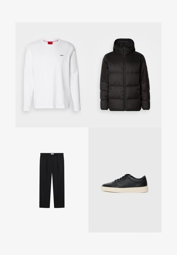 Musta puhvijakku sisältää vetoketjun, hupun, tilkuista koostuvia osioita ja joustavat hihansuut. Se on valmistettu sileästä, vedenpitävästä materiaalista.; Valkoinen pitkähihaisen paita, joka on valmistettu puuvillasta. Paidassa on pyöreä pääntie, musta "HUGO"-logot vasemmassa rinnassa ja sileä pinta.; Mustat räätälöidyt housut, joissa on etupleaatit, suora lahjetyyli ja nappikiinnitys. Kangas näyttää sileältä ja siinä on hieman kiiltoa.; Musta matalavartinen nahkastretchu, jossa on mustat nauhat ja vaaleanharmaa pohja, esitetty sivuprofiilissa valkoista taustaa vasten.