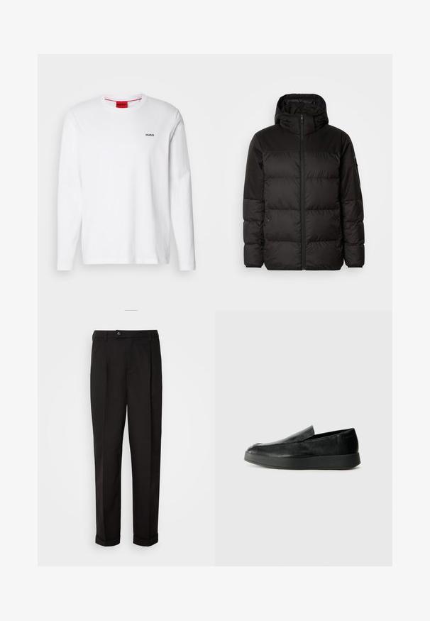 Juodas pūkinis švarkas turi užtrauktuką, gobtuvą, siūlinčius skyrius ir elastinius rankogalius, pagamintas iš lygaus, vandeniui atsparaus medžiagos.; Balti ilgos rankovės marškiniai, pagaminti iš medvilnės, su apvaliu kaklu, juodu "HUGO" logotipu kairėje krūtinės pusėje ir lygiu paviršiumi.; Juodos kelnės su lygiu paviršiumi, tiesaus kirpimo, su dviem priekinių kišenių ir vieno mygtuko uždarymu juosmenyje.; Calvin Klein HYBRID CUP - Įmautiniai batai - triple black