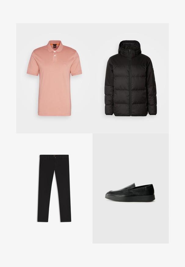 Svart puffjacka med blixtlås, huva, quiltade sektioner och elastiska mudd, tillverkad av ett slätt, vattentåligt material.; BOSS PASSENGER - Piké - open pink; Svarta byxor gjorda av tyg med en slät textur. Har en knäppning med knapp, bälteshällor och sidofickor. Standard rakt ben-design.; Calvin Klein HYBRID CUP - Slip-ins - triple black