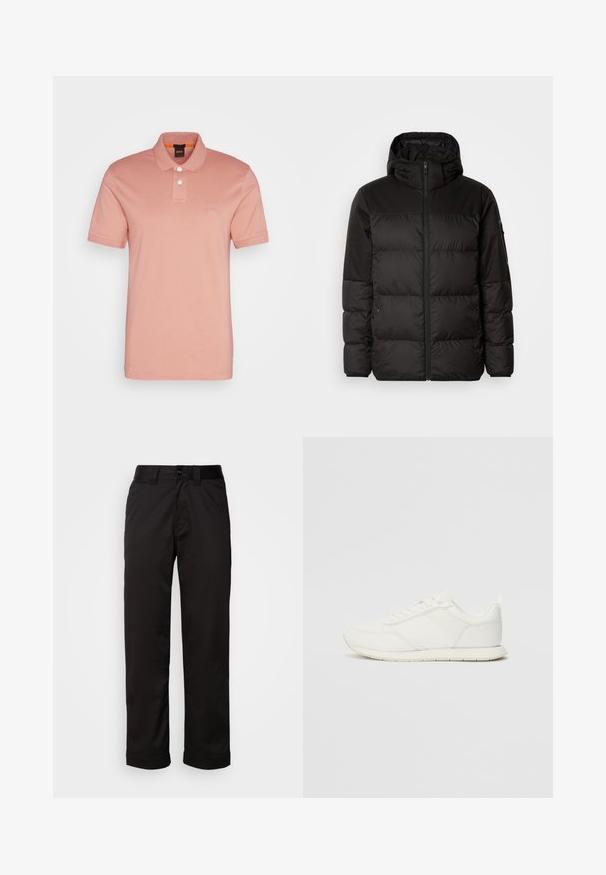 Černá péřová bunda má zipový uzávěr, kapuci, prošívané části a elastické manžety, vyrobená z hladkého, voděodolného materiálu.; BOSS PASSENGER - Polotričko - open pink; Černé kalhoty vyrobené z hladkého materiálu, s zipem, knoflíkovým zapínáním a ohrnutými manžetami pro ležérní design.; Bílé tenisky s vrchní částí z síťoviny a syntetického materiálu, kulatou špičkou, plochými tkaničkami a texturovaným bočním pruhem. Gumová podrážka s poutkem vzadu.