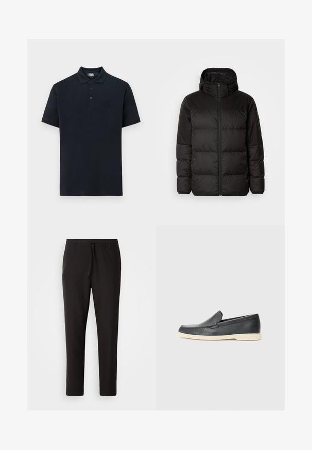 A fekete steppelt dzseki cipzáros záródással, kapucnival, steppelt részekkel és rugalmas mandzsettákkal rendelkezik, sima, vízálló anyagból készült.; Tengerészkék pólóing, pamutból készült, klasszikus gallérral, három gombbal és hímzett logóval a bal mellrészen. Rövid ujjak, sima textúra.; Fekete jogger nadrág sima anyagból. Rugalmas derekú, húzózsinórral, tapered lábakkal és látható zsebek nélkül készül. Egyszerű dizájn.; Fekete bőr, slip-on stílusú loaferek, texturált felülettel és kontrasztos bézs gumitalppal. A frontrészén finom díszítéssel rendelkezik.