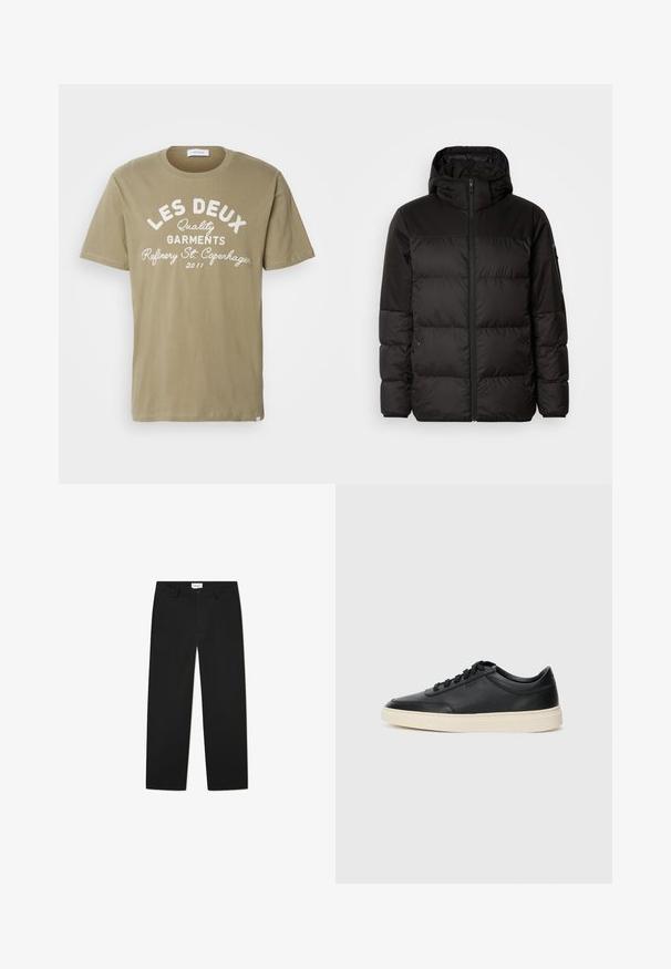 Svart puffjacka med blixtlås, huva, quiltade sektioner och elastiska mudd, tillverkad av ett slätt, vattentåligt material.; Olivgrön bomull T-shirt med rund halsringning, med vit text: "LES DEUX Quality Garments Refinery St. Copenhagen 2011." Mjuk textur.; Svarta skräddarsydda byxor i ett slätt tyg. Har knappstängning, bälteshällor och sidofickor. Rak ben-design utan utsmyckningar.; Svart låg skor i läder med svarta snören och off-white sula, visas i sidoprofil på vit bakgrund.