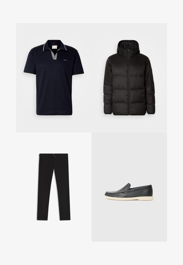 Musta puhvijakku sisältää vetoketjun, hupun, tilkuista koostuvia osioita ja joustavat hihansuut. Se on valmistettu sileästä, vedenpitävästä materiaalista.; Tummansininen lyhythihainen polo-paita puuvillasta, jossa on raidallinen kaulus ja V-kaula-aukko, sekä pieni logo rinnassa.; Mustat housut, jotka on valmistettu sileätekstiilisestä kankaasta. Varustettu nappikiinnityksellä, vyölenkeillä ja sivutaskuilla. Standardi suora lahjemalli.; Mustat nahkakengät ilman nauhoja, joissa on teksturoitu pinta ja kontrastoiva beige kumipohja. Kengissä on hillitty yksityiskohta etuosassa.