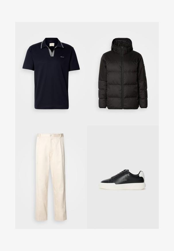 Juodas pūkinis švarkas turi užtrauktuką, gobtuvą, siūlinčius skyrius ir elastinius rankogalius, pagamintas iš lygaus, vandeniui atsparaus medžiagos.; Tamsiai mėlyna rankovių trumpų polo marškelis, pagamintas iš medvilnės, turi dryžuotą apykaklę ir V formos iškirptę, su maža logo ant krūtinės.; Bežinės medvilninės kelnės su tiesiu kirpimu, turinčios mygtuko uždarymą ir priekyje raukšles papildomai dekoratyviam akcentui.; Juodos odinės sportinės bateliai su balta guma. Turi apvalų nosį, raištelių dizainą ir logotipo detalę šone. Užpakalinė akcento dalis balta.