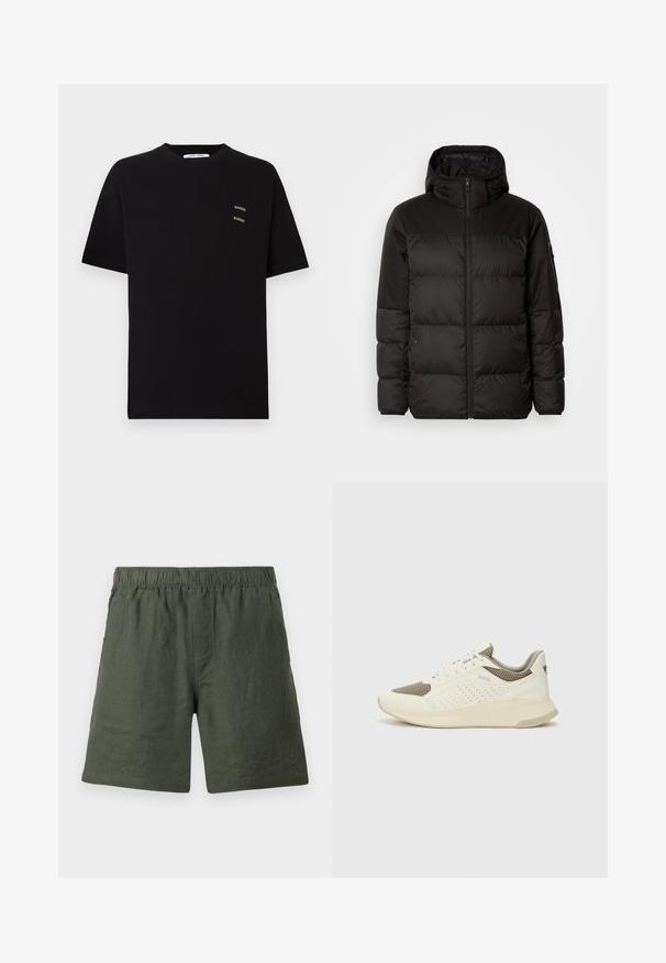 Sort pufferjakke med lynlås, hætte, quiltede sektioner og elastiske manchetter, lavet af et glat, vandafvisende materiale.; Sort bomulds T-shirt med korte ærmer og rund hals, der har to små, broderede "Samsøe" logoer på venstre brystområde.; Grønne linned shorts med elastisk talje, lige ben-fit og en glat tekstur, med simple syninger uden yderligere udsmykninger.; Hvide og lyse beige sportssko med en mesh-overdel, perforerede detaljer og en tekstureret mellemsål med branding på hælen.
