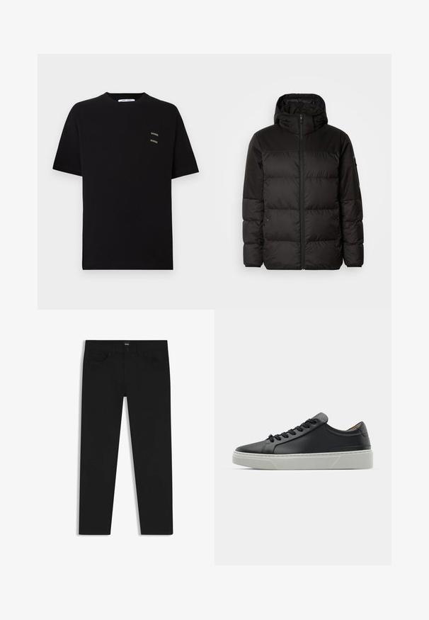 Schwarze Pufferjacke mit Reißverschluss, Kapuze, gesteppten Abschnitten und elastischen Bündchen, hergestellt aus einem glatten, wasserabweisenden Material.; Schwarzes Baumwoll-T-Shirt mit kurzen Ärmeln, Rundhalsausschnitt, mit zwei kleinen, gestickten "Samsøe"-Logos im Bereich der linken Brust.; Schwarze Denim-Hosen mit geradem Schnitt, ausgestattet mit einem Standardbund, fünf Taschen und einem Knopfverschluss. Angenehme, glatte Textur.; Schwarze Ledersneaker mit glatter Textur, runder Zehenform und schwarzen Schnürsenkeln. Verfügt über eine dicke, weiße Gummisohle mit subtilen geometrischen Akzenten.