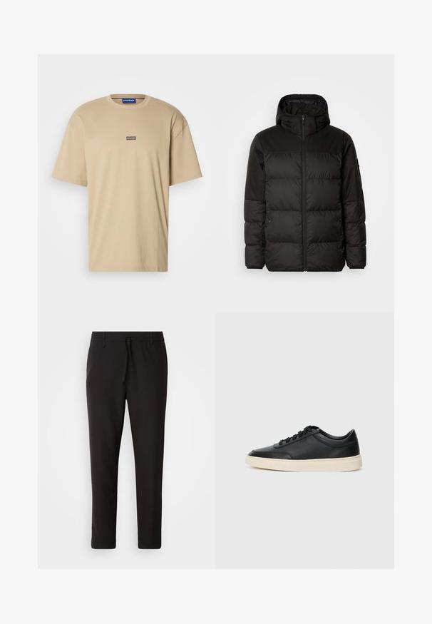 Mustikas puffer-jakk sisaldab tõmblukku, kapuutsi, tikandiga osi ja elastseid mansette, valmistatud siledast veekindlast materjalist.; HUGO NALONO - Trükipildiga T-särk - medium beige; Mustad jogger-püksid, mis on valmistatud siledast kangast. Omavad elastset pihaotsikut koos paelaga, kitsenevaid jalaosi ja nähtamatuid taskuid. Lihtne disain.; Mustad musta nahast madal sneaker mustade nööpidega ja kreemivalge tallaga, nähtud külgprofiilis valge tausta ees.