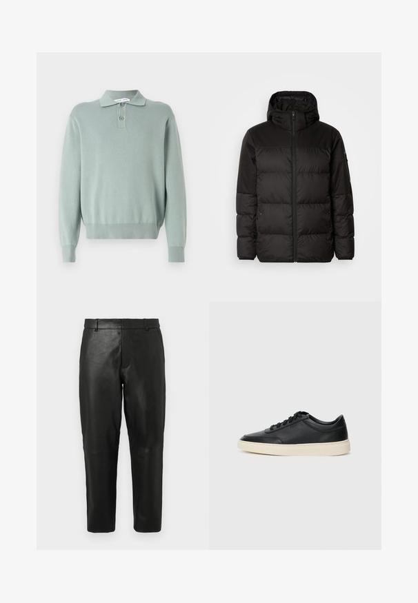 Čierna prešívaná bunda má zips, kapucňu, prešívané sekcie a elastické manžety, vyrobená z hladkého, vodeodolného materiálu.; Svetlozelený pletený pulóver s golierom polo, dvoma gombíkmi, rebrovanými manžetami a lemom. Jemná textura a voľný strih.; Čierne kožené nohavice rovného strihu s pútkami na opasok a bočnými vreckami, vystavené na svetlom pozadí.; Čierne nízkoprevádzkové kožené tenisky s čiernymi šnúrkami a krémovou podrážkou zobrazené v bočnom profile na bielom pozadí.
