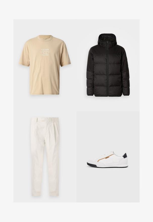 Čierna prešívaná bunda má zips, kapucňu, prešívané sekcie a elastické manžety, vyrobená z hladkého, vodeodolného materiálu.; Béžové bavlnené tričko s krátkym rukávom, s bielym vyšitým textom: "GUESS CALIFORNIA L.A. Est.1981" na prednej strane. Okrúhly výstrih.; Biele plisované nohavice s prispôsobeným strihom, s hladkou textúrou, pútkami na opasok a zúženými nohavicami. Žiadne viditeľné vrecká ani vzory.; Biele športové topánky s akcentmi z korku a kože. Obsahujú zlaté logo "BOSS", textúrované bočné panely a čierny pätník. Gumová podrážka.