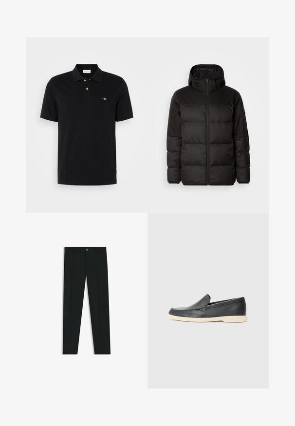Black puffer jacket features a zip closure, a hood, quilted sections, and elastic cuffs, made from a smooth, water-resistant material.; Black polo shirt made of cotton, featuring a classic collar, two-button placket, short sleeves, and a small embroidered logo on the chest.; Black dress pants with a straight-leg design, made of smooth fabric. Features a front button closure and belt loops. Plain without patterns.; Black leather slip-on loafers with a textured finish and a contrasting beige rubber sole. Features a subtle accent along the front.