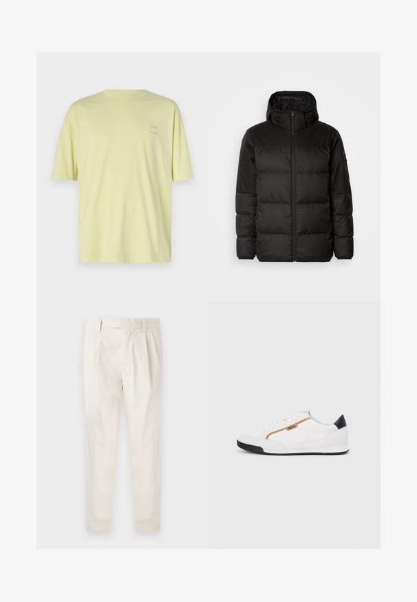 Čierna prešívaná bunda má zips, kapucňu, prešívané sekcie a elastické manžety, vyrobená z hladkého, vodeodolného materiálu.; Svetložlté bavlnené tričko s krátkymi rukávmi, kruhovým výstrihom a dvoma malými logami "SAMSØE" potlačenými na hornej ľavej strane.; Biele plisované nohavice s prispôsobeným strihom, s hladkou textúrou, pútkami na opasok a zúženými nohavicami. Žiadne viditeľné vrecká ani vzory.; Biele športové topánky s akcentmi z korku a kože. Obsahujú zlaté logo "BOSS", textúrované bočné panely a čierny pätník. Gumová podrážka.