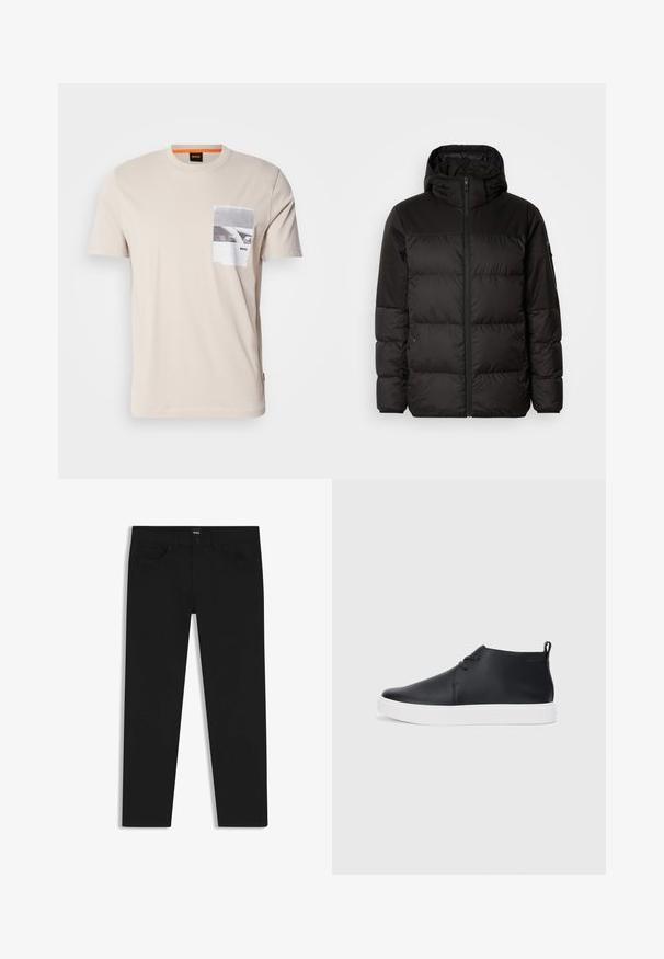 Black puffer jacket features a zip closure, a hood, quilted sections, and elastic cuffs, made from a smooth, water-resistant material.; Beige cotton T-shirt with a crew neck and short sleeves. Features a front pocket with a black and white graphic print and logo.; Black denim trousers with a straight cut, featuring a standard waistband, five pockets, and a button closure. Smooth texture throughout.; Black leather high-top sneakers with a smooth finish, white rubber sole, and simple lace-up design. Features a pull tab at the back.