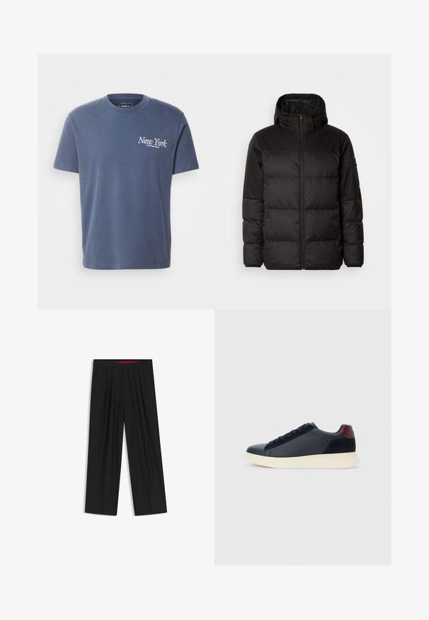 Black puffer jacket features a zip closure, a hood, quilted sections, and elastic cuffs, made from a smooth, water-resistant material.; Navy blue cotton t-shirt with short sleeves, round neckline, and white "New York" print on the left chest. Smooth texture, classic fit.; Black wide-leg trousers with a flat front, two side pockets, pleated design, and a contrasting red interior waistband.; Low-top men's sneaker in black leather and suede with maroon heel tab and white rubber sole, viewed from the outer side.