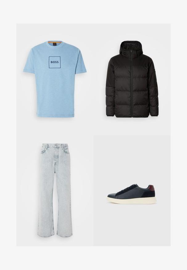 Juodas pūkinis švarkas turi užtrauktuką, gobtuvą, siūlinčius skyrius ir elastinius rankogalius, pagamintas iš lygaus, vandeniui atsparaus medžiagos.; Šviesiai mėlynas medvilninis marškinėliai su apvalia iškirpte, centre turi tamsiai mėlyną kvadratinį siuvinėtą logotipą ir trumpas rankoves.; Šviesiai mėlynos džinsinės plačios kelnės su aukštu liemeniu, su mygtukų užsegimu, penkiomis kišenėmis ir subtiliu nudėvėtu raštu.; Juodos odinės ir zomšinės vyriškos žemos sportinės avalynės su bordo spalvos kulkšnių juostele ir balto kaučiuko padu vaizdas iš išorės.