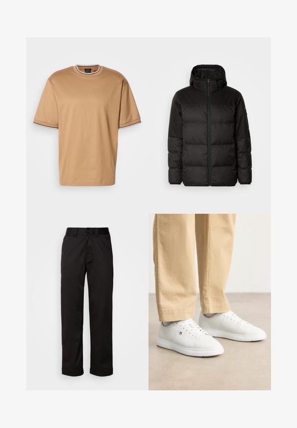 Černá péřová bunda má zipový uzávěr, kapuci, prošívané části a elastické manžety, vyrobená z hladkého, voděodolného materiálu.; Beige tričko s krátkým rukávem s černo-bílým pruhovaným lemem na límci a manžetách, vystavené na bílém pozadí.; Černé kalhoty vyrobené z hladkého materiálu, s zipem, knoflíkovým zapínáním a ohrnutými manžetami pro ležérní design.; Bílé kožené tenisky s hladkým povrchem, kulatou špičkou, šněrováním a decentním logem na boku, spárované s béžovými kalhotami.