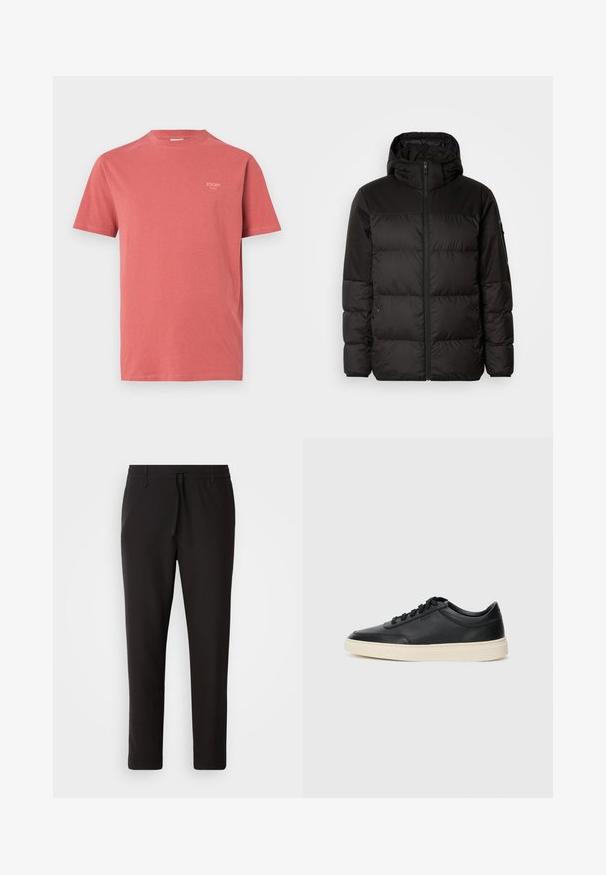 Zwarte pufferjas met ritsluiting, een capuchon, gequiltte secties en elastische manchetten, gemaakt van een glad, waterafstotend materiaal.; Rode katoenen t-shirt met korte mouwen en een ronde halslijn, met een klein merklogo op de bovenste linkerborst. Glad textuur.; Zwarte joggingsbroek van gladde stof. Kenmerkt zich door een elastische tailleband met een trekkoord, taps toelopende benen en geen zichtbare zakken. Eenvoudig ontwerp.; Zwarte leren sneaker met lage schacht, zwarte veters en off-white zool, weergegeven in zijprofiel op een witte achtergrond.