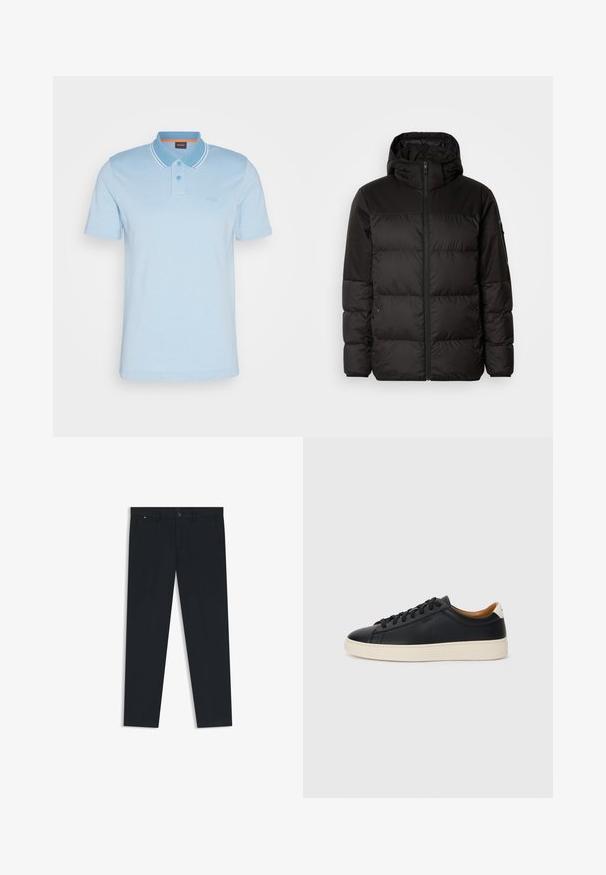 Svart puffjacka med blixtlås, huva, quiltade sektioner och elastiska mudd, tillverkad av ett slätt, vattentåligt material.; BOSS Piké - open blue; Herrens mörkblå byxor i lättviktsmaterial. Har knappstängning, bälteshällor och två sidofickor. Rakt ben-design.; Svarta lädersneakers med en slät yta, beige gummisula, snörning och en kontrasterande hälackcent.