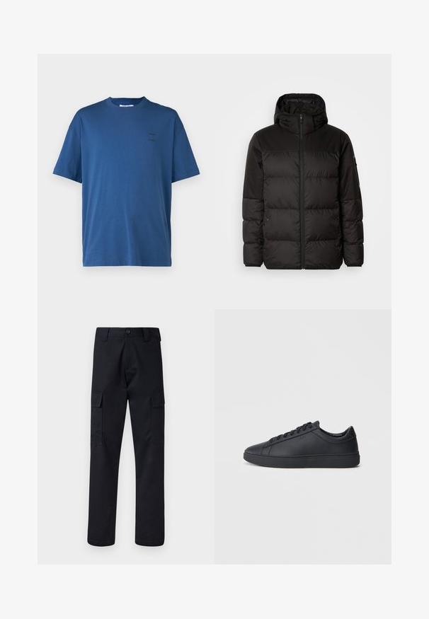 Sort pufferjakke med lynlås, hætte, quiltede sektioner og elastiske manchetter, lavet af et glat, vandafvisende materiale.; Samsøe Samsøe JOEL - T-shirts basic - true navy; Sorte cargo bukser lavet af robust stof, med en lige benklipp, to sidelommer og en knaplukning i taljen.; Sorte sneakers lavet af glat læder med lavtopdesign, rund tå og flad gummisål. Har snøringer og subtil branding.