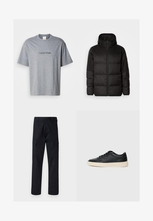Čierna prešívaná bunda má zips, kapucňu, prešívané sekcie a elastické manžety, vyrobená z hladkého, vodeodolného materiálu.; Sivý bavlnený tričko s krátkymi rukávmi, okrúhlym výstrihom a potlačou loga "Calvin Klein" v tmavšom odtieni cez hruď.; Čierne cargo nohavice vyrobené z odolnej tkaniny, s rovnými nohavicami, dvoma bočnými vreckami a zapínaním na gombík v páse.; Čierne nízkoprevádzkové kožené tenisky s čiernymi šnúrkami a krémovou podrážkou zobrazené v bočnom profile na bielom pozadí.