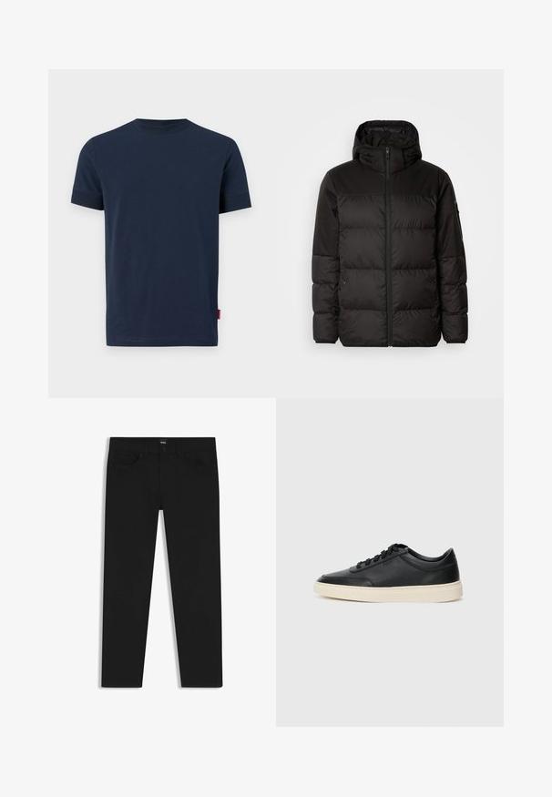 Black puffer jacket features a zip closure, a hood, quilted sections, and elastic cuffs, made from a smooth, water-resistant material.; Navy blue cotton t-shirt with short sleeves, round neck, and a small red label accent at the bottom left hem. Soft texture, simple design.; Black denim trousers with a straight cut, featuring a standard waistband, five pockets, and a button closure. Smooth texture throughout.; Black low-top leather sneaker with black laces and off-white sole shown in side profile on white background.