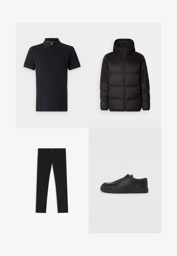 Svart puffjacka med blixtlås, huva, quiltade sektioner och elastiska mudd, tillverkad av ett slätt, vattentåligt material.; Svart pikétröja i bomull med korta ärmar, tre-knapplåsning och en subtil logotyp på bröstet. Slät textur och klassisk passform.; Svarta byxor gjorda av tyg med en slät textur. Har en knäppning med knapp, bälteshällor och sidofickor. Standard rakt ben-design.; Svart lädersko med rundad tå, med sömmande detaljer och svart gummisula. Slät textur med minimalistisk design.