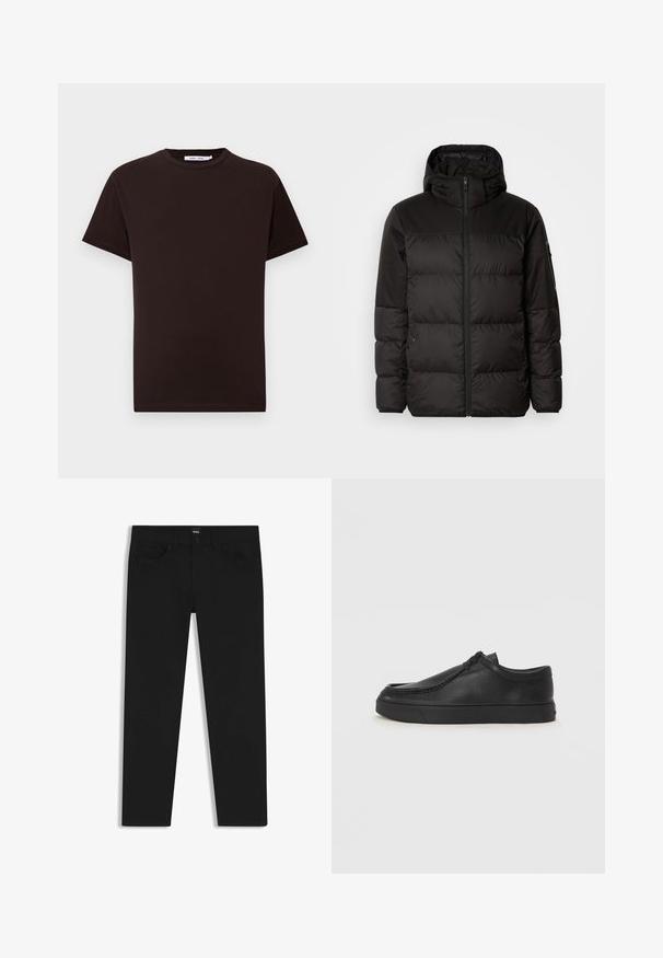 Sort pufferjakke med lynlås, hætte, quiltede sektioner og elastiske manchetter, lavet af et glat, vandafvisende materiale.; Sort bomulds t-shirt med rund halsudskæring, korte ærmer og lige kant. Glat tekstur, afslappet design og uden synlige logoer eller mønstre.; Sorte denimbukser med lige pasform, der har en standard talje, fem lommer og en knaplukning. Glat struktur over det hele.; Sorte læderslippersko med en rund tå, stikninger og sort gummisål. Glat tekstur med minimalistisk design.