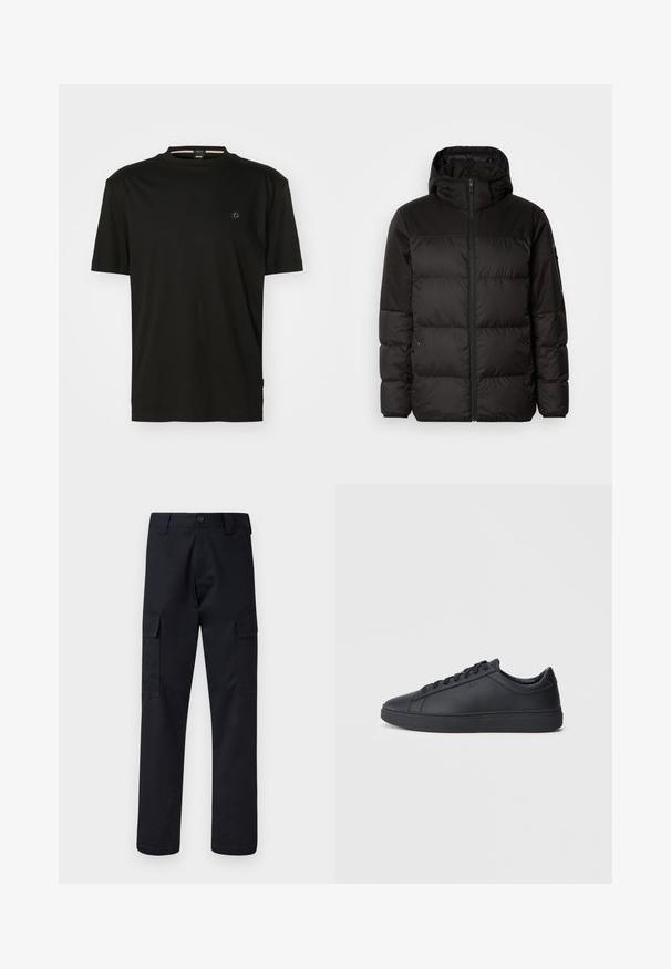 Črna zimska jakna ima zadrgo, kapuco, prešite odseke in elastične manšete, izdelana je iz gladkega, vodoodpornega materiala.; Črna majica iz gladkega bombaža, s krožnim izrezom in kratkimi rokavi. Majhen logotip na levem prsnem delu in minimalistična zasnova.; Črne cargo hlače iz trpežnega blaga, z ravnim krojem, dvema stranskima žepoma in gumbom za zapiranje na pasu.; Črne superge iz gladkega usnja z nizkim dizajnom, okroglo konico in ravnim gumijastim podplatom. Imajo vezalke in subtilno blagovno znamko.