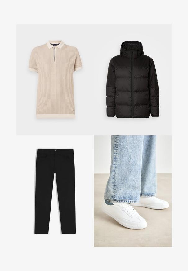 Schwarze Pufferjacke mit Reißverschluss, Kapuze, gesteppten Abschnitten und elastischen Bündchen, hergestellt aus einem glatten, wasserabweisenden Material.; Beige Polohemd mit kurzen Ärmeln, das über eine gerippte Struktur, einen Reißverschlusskragen und kontrastierende Besätze an Ärmeln und Saum verfügt. Dezentes Logo-Detail.; Schwarze Denim-Hosen mit geradem Schnitt, ausgestattet mit einem Standardbund, fünf Taschen und einem Knopfverschluss. Angenehme, glatte Textur.; Weiße Sneaker aus glattem Material, mit Schnürdesign, strukturiertem Gummisohle und einem türkisfarbenen Akzent an der Ferse, kombiniert mit hellblauen Jeans.