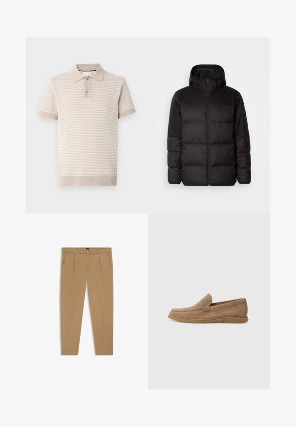 Musta puhvijakku sisältää vetoketjun, hupun, tilkuista koostuvia osioita ja joustavat hihansuut. Se on valmistettu sileästä, vedenpitävästä materiaalista.; T-paita lyhythihaisilla, vaaleanbeigessä värissä, jossa on teksturoituja raitoja, kauluspääntie ja kolmesta napista koostuva listaus. Pehmeä kangas, jossa on resorihihansuut.; Beige-housut, joissa on sileä pinta, suora leikkaus, etutaskut ja nappikiinnitys vyötäröllä.; Ruskeat mokka-kankaiset loaferit, joissa on sileä pinta ja ommeltu yksityiskohta; varustettu kumipohjalla pitävän otteen takaamiseksi.