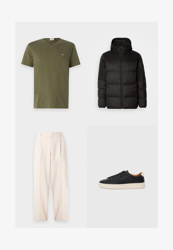 Melna pūkainā jakā iezīmes ir rāvējslēdzēja aizdare, kapuce, kvadrātveida šuves un elastīgas aproces, izgatavota no gludas, ūdensizturīgas vielas.; Olive zaļš t-krekls, kas izgatavots no mīksta kokvilnas, ar V-veida kakla izgriezumu, īsām piedurknēm un mazu grafisku logotipu augšējā kreisajā krūtī.; Beige pielāgotas bikses ar augsto vidukli, krokām un taisnu kāju dizainu. Izgatavotas no gludas auduma, ar sānu kabatām un tīru apdari.; Melni ādas sporta apavi ar gludu tekstūru, bēša krāsas gumijas zole, auklu aizdare un kontrastējošs papēža akcents.