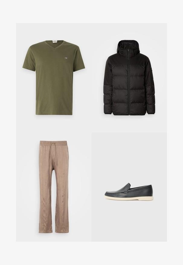 A fekete steppelt dzseki cipzáros záródással, kapucnival, steppelt részekkel és rugalmas mandzsettákkal rendelkezik, sima, vízálló anyagból készült.; Olívazöld, puha pamutból készült póló, V-nyakkivágással, rövid ujjal és egy kis grafikai logóval a bal felső mellrészen.; Világosbarna, bő szárú nadrág sima anyagból, rugalmas derékkal és húzózsinórral, két elülső redővonallal.; Fekete bőr, slip-on stílusú loaferek, texturált felülettel és kontrasztos bézs gumitalppal. A frontrészén finom díszítéssel rendelkezik.