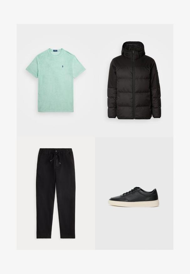 Μαύρο μπουφάν με φερμουάρ, κουκούλα, παραγεμισμένα τμήματα και ελαστικές μανσέτες, κατασκευασμένο από λείο, αδιάβροχο υλικό.; Ανοιχτό πράσινο T-shirt από μαλακό ύφασμα με στρογγυλή λαιμόκοψη, κοντά μανίκια και μικρό ναυτικό λογότυπο στο αριστερό στήθος. Απαλή υφή.; Μαύρο casual παντελόνι με ελαστική ζώνη, κορδόνι προσαρμογής, μπροστινό κουμπί και πλαϊνές τσέπες, τοποθετημένο σε απλό φόντο.; Μαύρο δερμάτινο σνίκερ χαμηλού προφίλ με μαύρες κορδόνες και ελαφρώς λευκή σόλα, εμφανίζεται σε πλάγια προφίλ σε λευκό φόντο.
