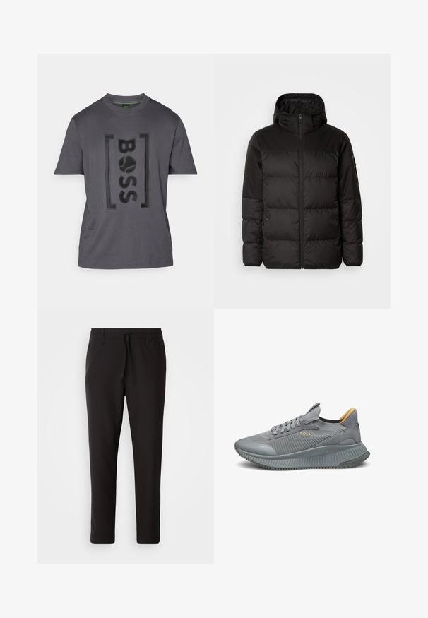 Black puffer jacket features a zip closure, a hood, quilted sections, and elastic cuffs, made from a smooth, water-resistant material.; Gray cotton t-shirt featuring a textured "BOSS" logo in black. Short sleeves, round neckline, and soft fabric with subtle sheen.; Black jogger pants made of smooth fabric. Feature an elastic waistband with a drawstring, tapered legs, and no visible pockets. Simple design.; Light gray athletic shoe made of mesh and textured material. Features a cushioned sole, flat laces, and a tan accent at the heel.