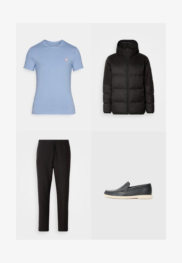 A fekete steppelt dzseki cipzáros záródással, kapucnival, steppelt részekkel és rugalmas mandzsettákkal rendelkezik, sima, vízálló anyagból készült.; Világoskék, rövid ujjú pamut póló. Kerek nyakkivágással és egy kis piros háromszög alakú logóval a mellkasán.; Fekete jogger nadrág sima anyagból. Rugalmas derekú, húzózsinórral, tapered lábakkal és látható zsebek nélkül készül. Egyszerű dizájn.; Fekete bőr, slip-on stílusú loaferek, texturált felülettel és kontrasztos bézs gumitalppal. A frontrészén finom díszítéssel rendelkezik.