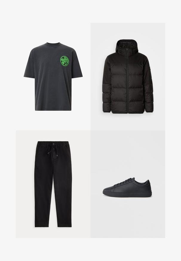 Črna zimska jakna ima zadrgo, kapuco, prešite odseke in elastične manšete, izdelana je iz gladkega, vodoodpornega materiala.; Siva bombažna majica s kratkimi rokavi in krožnim ovratnikom, ki na levi močnem področju nosi krožni zeleni logotip. Gladek material.; Črne sproščene hlače z elastičnim pasom, vezalko, sprednjim gumbom in stranskimi žepi, prikazane na enostavni podlagi.; Črne superge iz gladkega usnja z nizkim dizajnom, okroglo konico in ravnim gumijastim podplatom. Imajo vezalke in subtilno blagovno znamko.