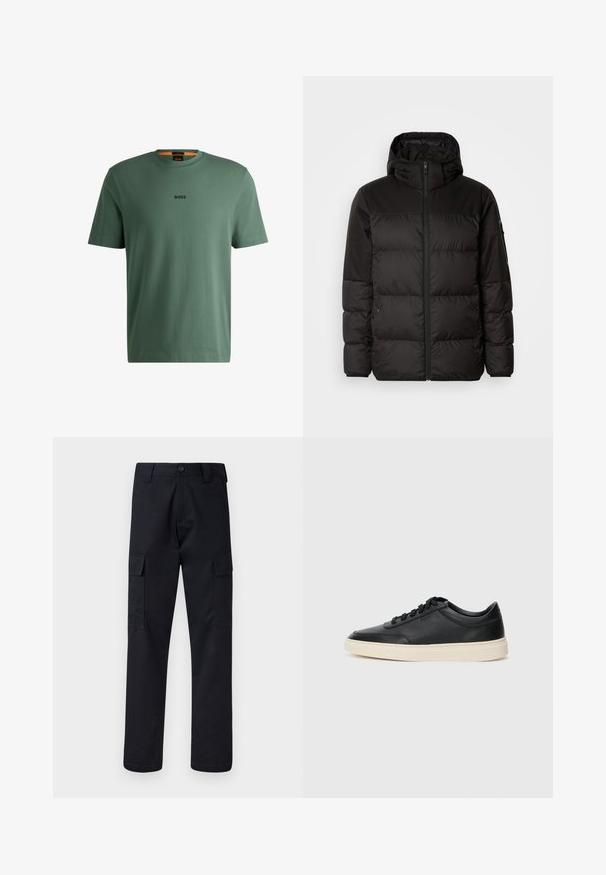 Juodas pūkinis švarkas turi užtrauktuką, gobtuvą, siūlinčius skyrius ir elastinius rankogalius, pagamintas iš lygaus, vandeniui atsparaus medžiagos.; BOSS Paprasti marškinėliai - open green; Juodi cargo kelnės, pagamintos iš tvirto audinio, su tiesiu kirpimu, dviem šoninėmis kišenėmis ir mygtukiniu užsegimu juosmenyje.; Juoda žema viršutinė odinė sportbačiai su juodais raišteliais ir kreminiu padu, pateikti šoniniame profilyje ant baltos fono.
