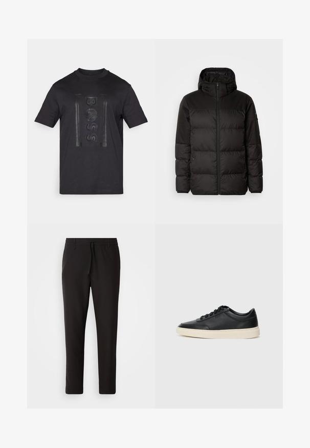 Černá péřová bunda má zipový uzávěr, kapuci, prošívané části a elastické manžety, vyrobená z hladkého, voděodolného materiálu.; Černé bavlněné tričko s krátkými rukávy a kulatým výstřihem. Uprostřed má strukturovaný design loga orámovaný vertikálními čarami.; Černé teplákové kalhoty vyrobené z hladké látky. Mají elastický pas se šňůrkou, zúžené nohavice a žádné viditelné kapsy. Jednoduchý design.; Černé kožené nízké tenisky s černými tkaničkami a slonovinovou podešví, zobrazené v bočním profilu na bílém pozadí.