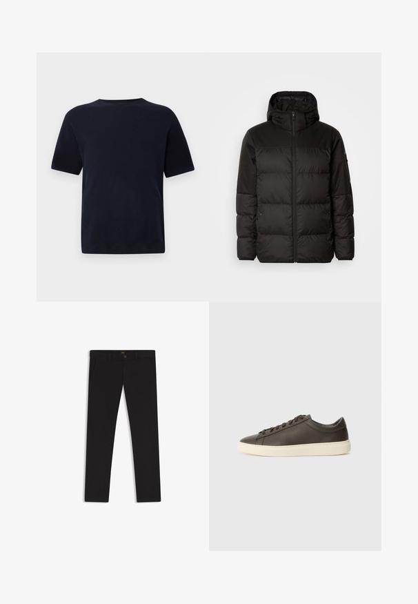 Svart puffjacka med blixtlås, huva, quiltade sektioner och elastiska mudd, tillverkad av ett slätt, vattentåligt material.; Marinblå bomulls t-shirt med rund hals, kort ärm och rak skärning. Slät textur, inga synliga mönster eller detaljer.; Svarta byxor gjorda av tyg med en slät textur. Har en knäppning med knapp, bälteshällor och sidofickor. Standard rakt ben-design.; Mörkbruna lädersneakers med en texturerad yta, vit gummisula och platta snören. Minimalistisk design utan synliga logotyper.