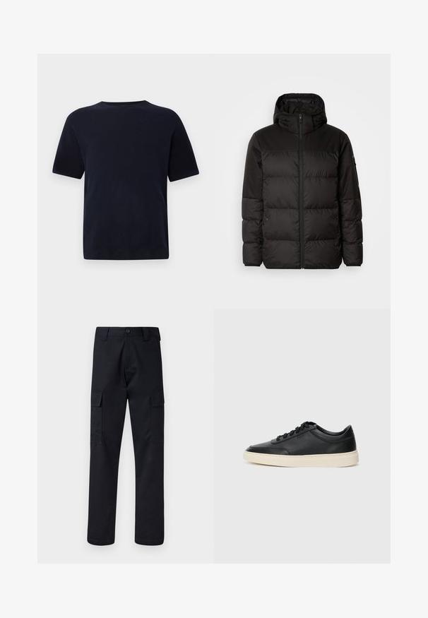 Black puffer jacket features a zip closure, a hood, quilted sections, and elastic cuffs, made from a smooth, water-resistant material.; Navy blue cotton t-shirt with a crew neck, short sleeves, and a straight cut. Smooth texture, no visible patterns or accents.; Black cargo pants made of sturdy fabric, featuring a straight-leg cut, two side pockets, and a button closure at the waistband.; Black low-top leather sneaker with black laces and off-white sole shown in side profile on white background.