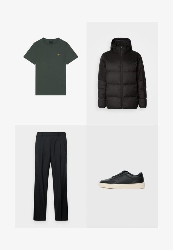 Sort pufferjakke med lynlås, hætte, quiltede sektioner og elastiske manchetter, lavet af et glat, vandafvisende materiale.; Mørkegrøn bomuld T-shirt med rund hals og korte ærmer. Har en lille gul broderet logo på venstre bryst.; Sorte bukser med læg, lavet af glat stof. Har lige pasform, linning med bæltestropper og ingen lommer. Enkel design.; Sort lavt top lædersneaker med sorte snørebånd og off-white sål vist i sideprofil på hvid baggrund.