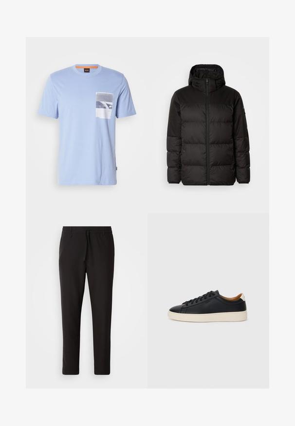 Mustikas puffer-jakk sisaldab tõmblukku, kapuutsi, tikandiga osi ja elastseid mansette, valmistatud siledast veekindlast materjalist.; Helehelesinine t-särk pehmest puuvillast, millel on rinnatasku must-valge graafilise disainiga. Lühikesed varrukad ja ringkaelus.; Mustad jogger-püksid, mis on valmistatud siledast kangast. Omavad elastset pihaotsikut koos paelaga, kitsenevaid jalaosi ja nähtamatuid taskuid. Lihtne disain.; Mustad nahast tennised sujuva pindadega, beež kummist tallaga, paelaga kinnitamine ja kontrastse kanna aktsendiga.