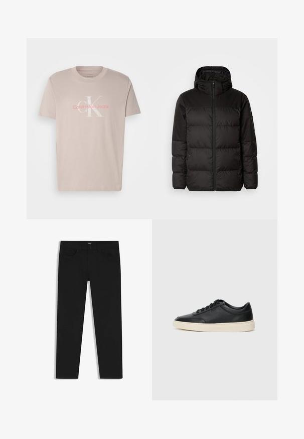 La chaqueta acolchada negra tiene un cierre de cremallera, capucha, secciones acolchadas y puños elásticos, hecha de un material suave y resistente al agua.; Camiseta de algodón color beige con cuello redondo y mangas cortas, que presenta un sutil diseño del logo "Calvin Klein Jeans" en blanco y rosa en la parte frontal.; Pantalones de mezclilla negros con corte recto, que cuentan con una cinturilla estándar, cinco bolsillos y un cierre de botón. Textura suave en toda su superficie.; Zapatilla negra de piel de caña baja con cordones negros y suela color crema, mostrada en perfil lateral sobre fondo blanco.