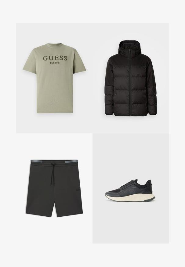 Black puffer jacket features a zip closure, a hood, quilted sections, and elastic cuffs, made from a smooth, water-resistant material.; Olive green cotton t-shirt featuring a round neck and short sleeves, with "GUESS EST. 1981" embroidered in dark green across the chest.; Dark gray sports shorts made of lightweight fabric, featuring a drawstring waist, side pockets, and subtle logo detail on the leg.; Black athletic sneaker featuring a mesh upper with perforations, a textured midsole in cream, and a rubber outsole for traction.