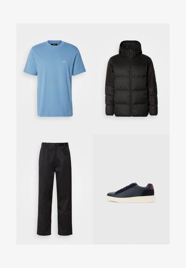 Geacă puffer neagră cu închidere cu fermoar, glugă, secțiuni quilted și manșete elastice, realizată dintr-un material neted, rezistent la apă.; Mads Nørgaard FRODE LOGO TEE - Tricou basic - captains blue; Pantaloni negri dintr-un material neted, cu închidere prin nasture frontal, pliseuri și picioare drepte. Fără modele sau accente vizibile.; Sneakeruri pentru bărbați, cu talpă joasă, din piele neagră și suede, cu tab cuum maron și talpă din cauciuc alb, văzute din partea exterioară.