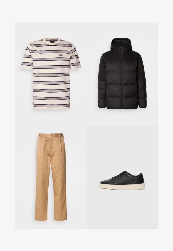 Geacă puffer neagră cu închidere cu fermoar, glugă, secțiuni quilted și manșete elastice, realizată dintr-un material neted, rezistent la apă.; Tricou cu mânecă scurtă din bumbac crem, cu dungi orizontale bleumarin. Prezintă un mic logo brodat pe piept și un design cu o potrivire obișnuită.; Pantaloni kaki, amestec de bumbac, croială drept, cu pliuri frontale, bucle pentru curea și închidere cu nasture. Textură netedă, fără modele.; Sneaker din piele neagră, cu vârf jos, cu șireturi negre și talpă de un alb murdar, prezentat în profil lateral, pe un fundal alb.